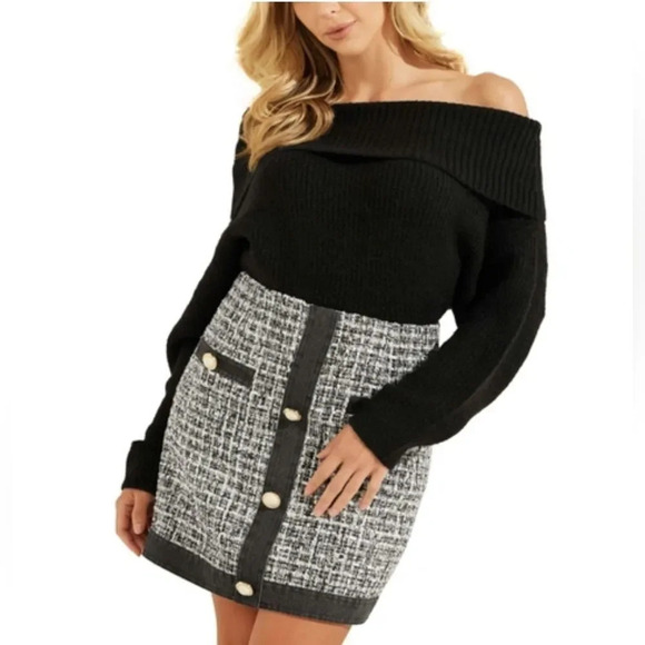 NWT GUESS Gerri Ribbed Off Shoulder Sweater in Jet Black - Picture 1 of 6